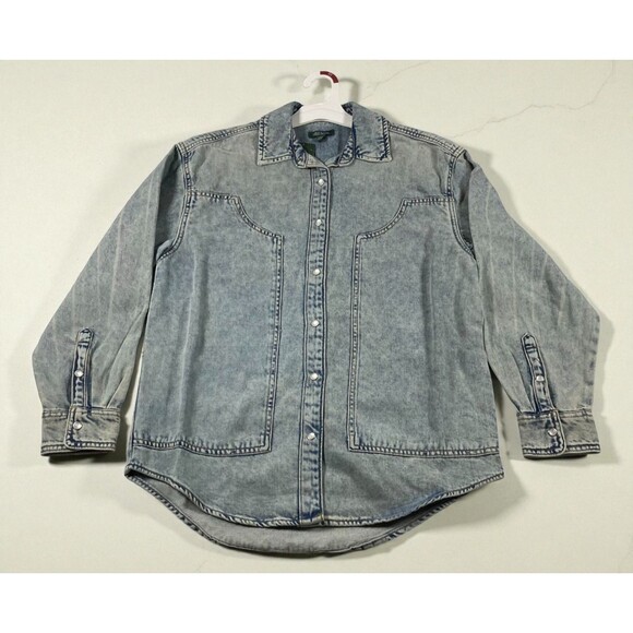 Wild Fable Shacket Shirt Womens XS Light Wash Denim Pearl Snap Western Rodeo - Picture 2 of 6